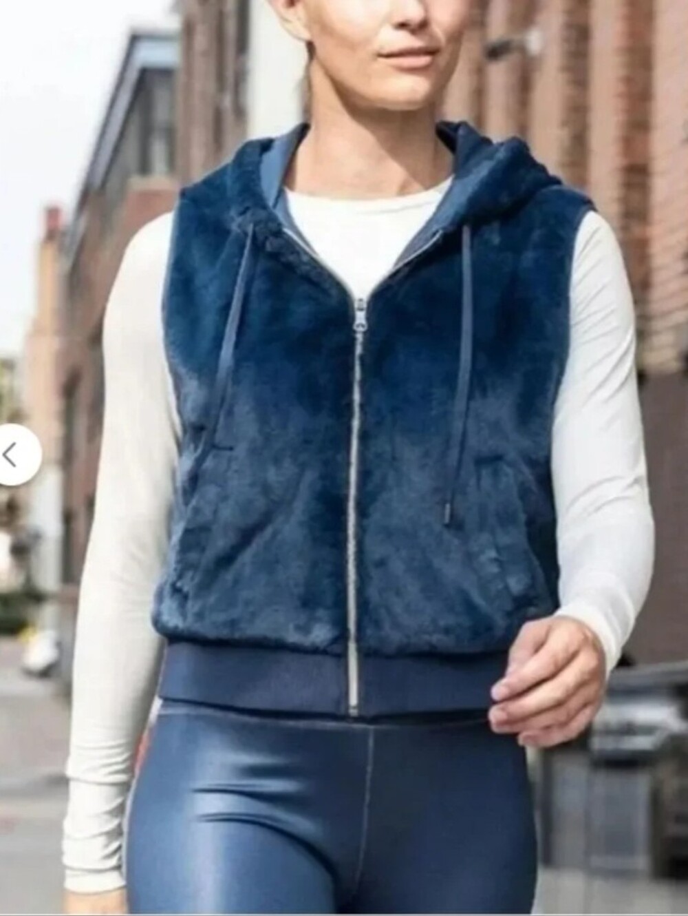 CALIA Carrie Underwood Faux Fur Hooded Vest Size XL Plush Zip Up Athletic Blue